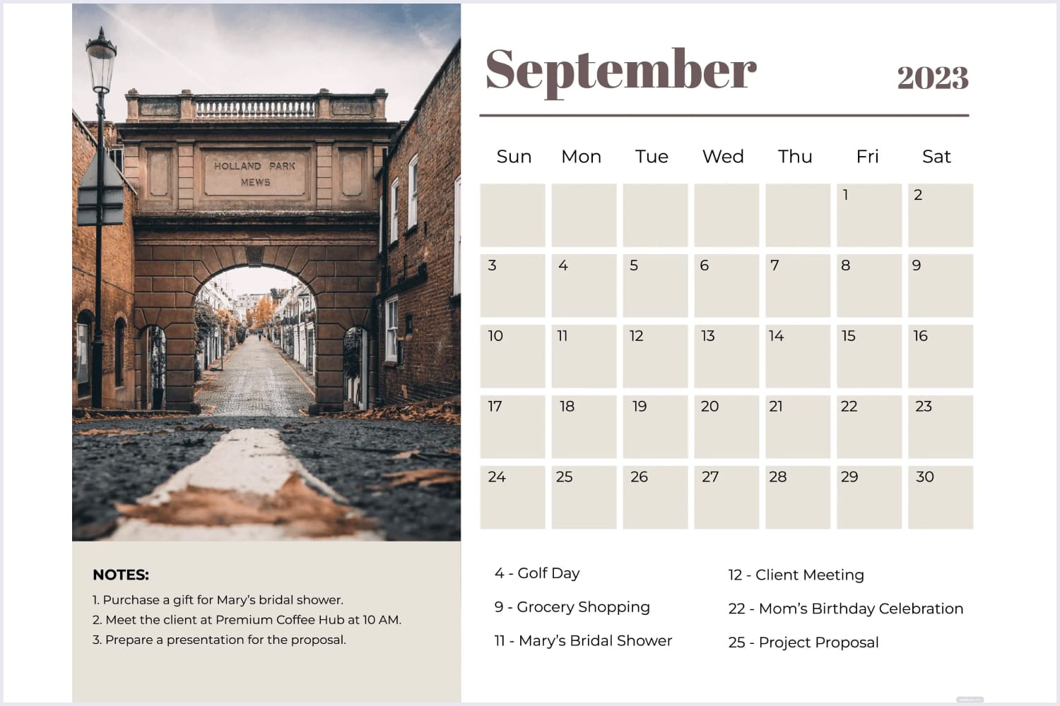 Calendar for september with a photo of the road through the arch.