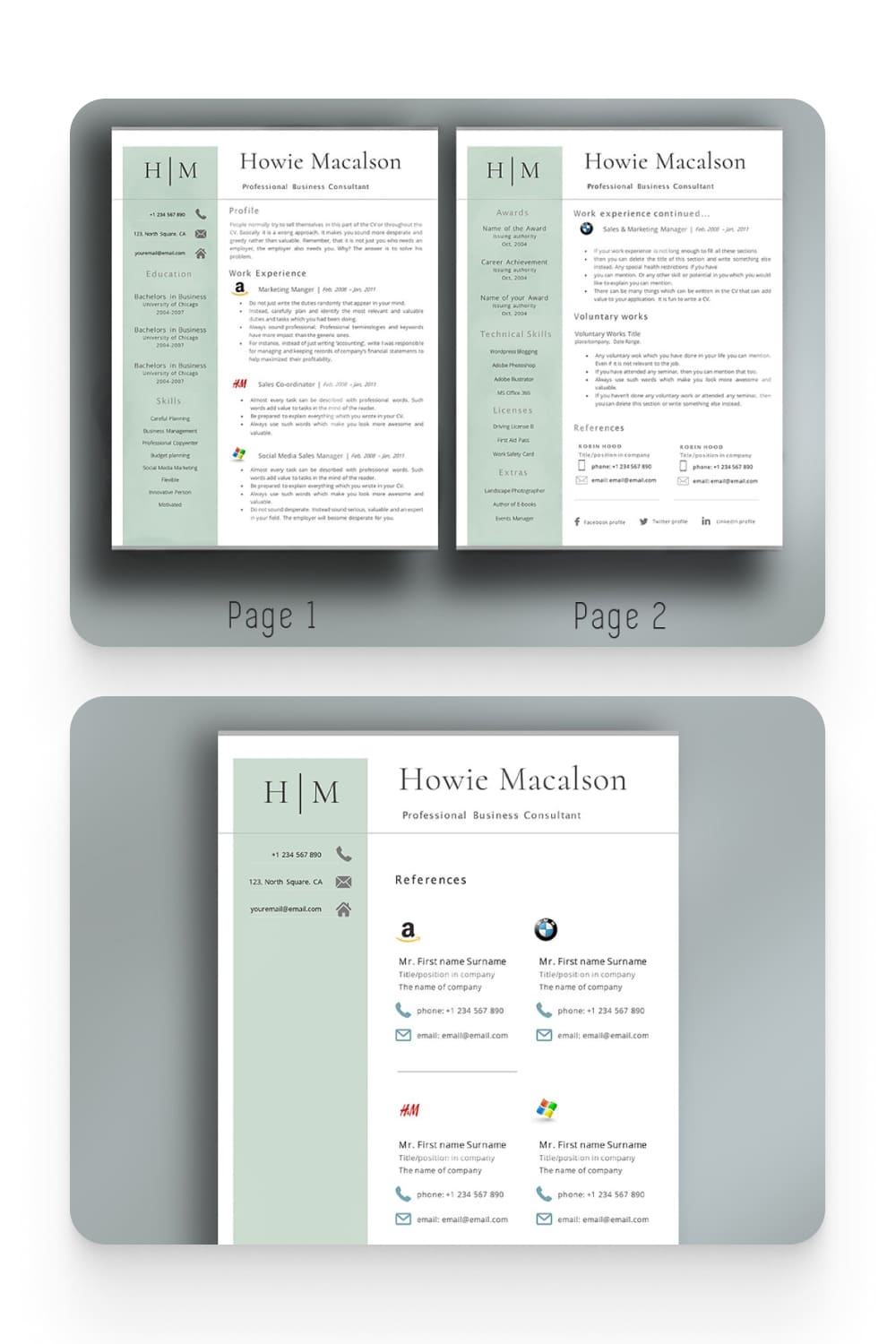 Collage of two-column Resume images with white background and green stripe.