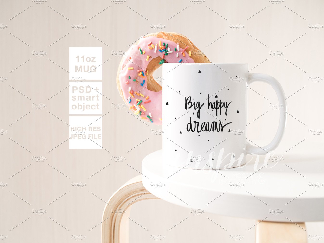 11oz Ceramic Mug Mockup + Donut PSD preview image.