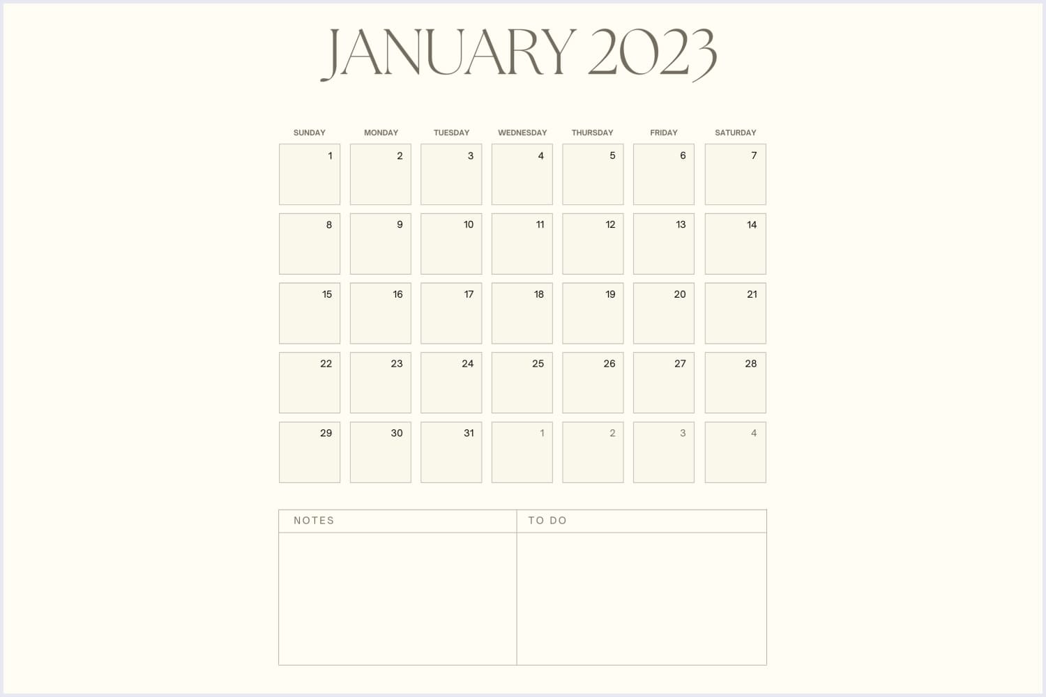 Calendar for January on a beige background and a large field for notes and a to-do sheet.