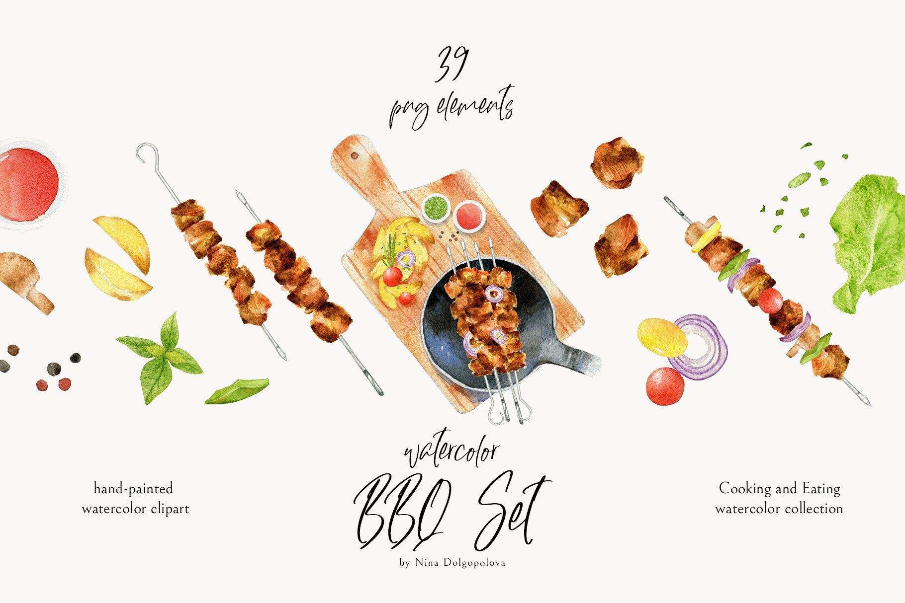 Watercolor Cooking Clipart, BBQ. cover image.