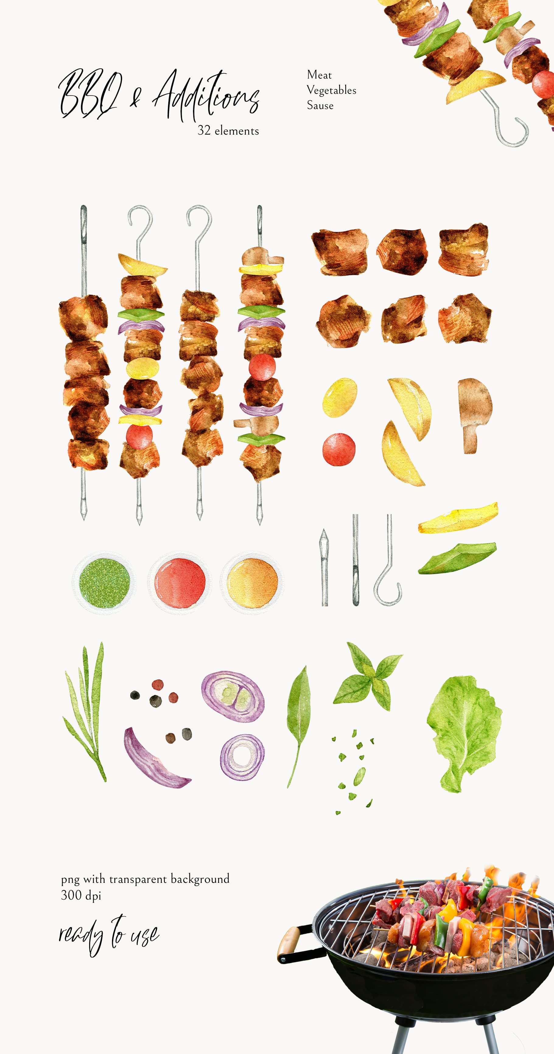Watercolor Cooking Clipart, BBQ. preview image.