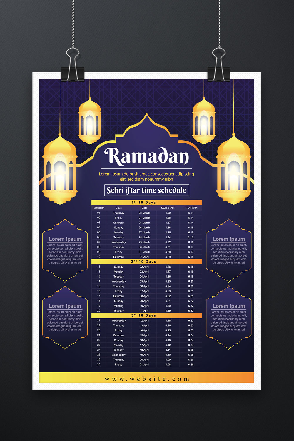Ramadan Kareem Islamic calendar template and sehri ifter time schedule pinterest preview image.