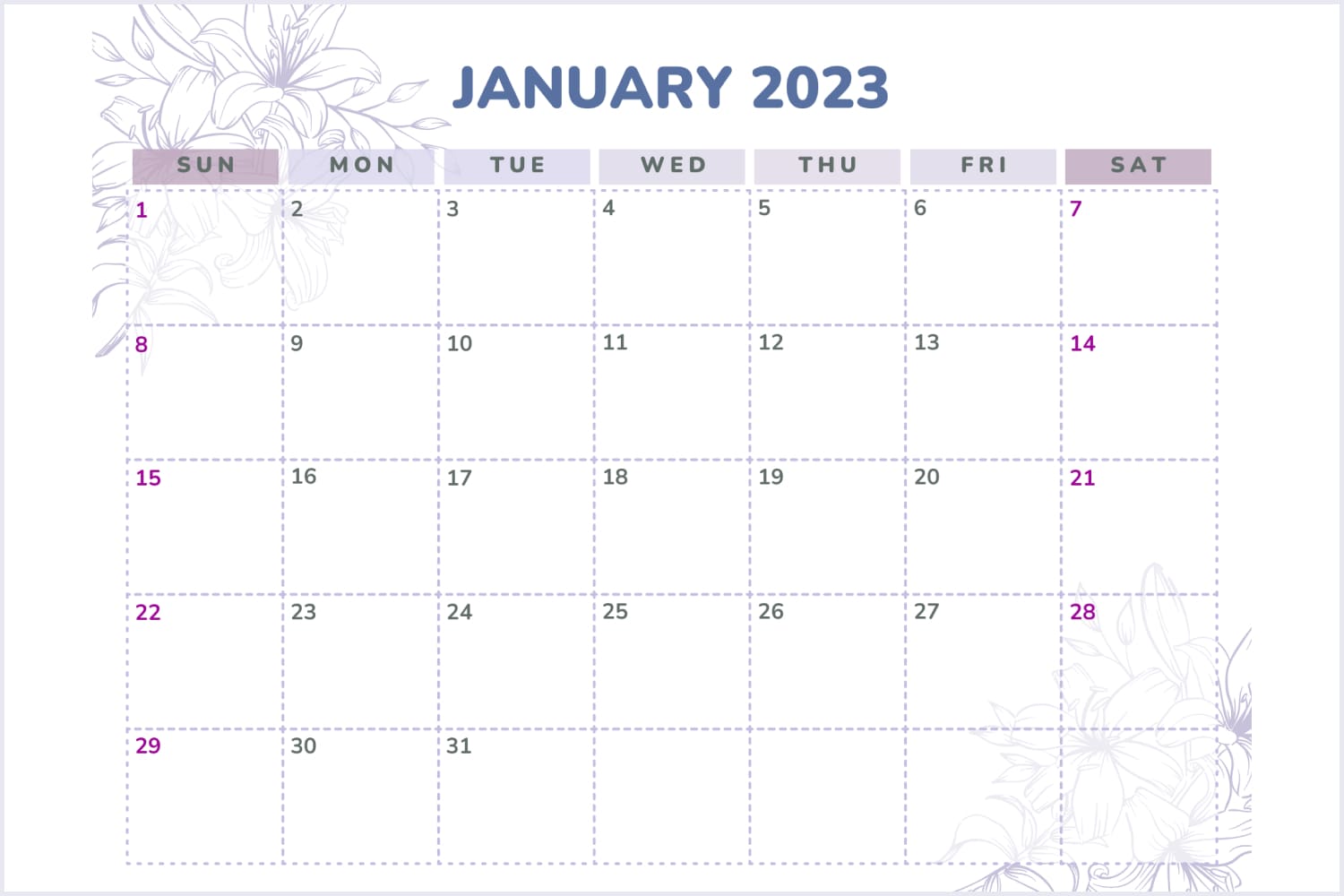 Calendar for January in a minimalist style with an image of flowers.