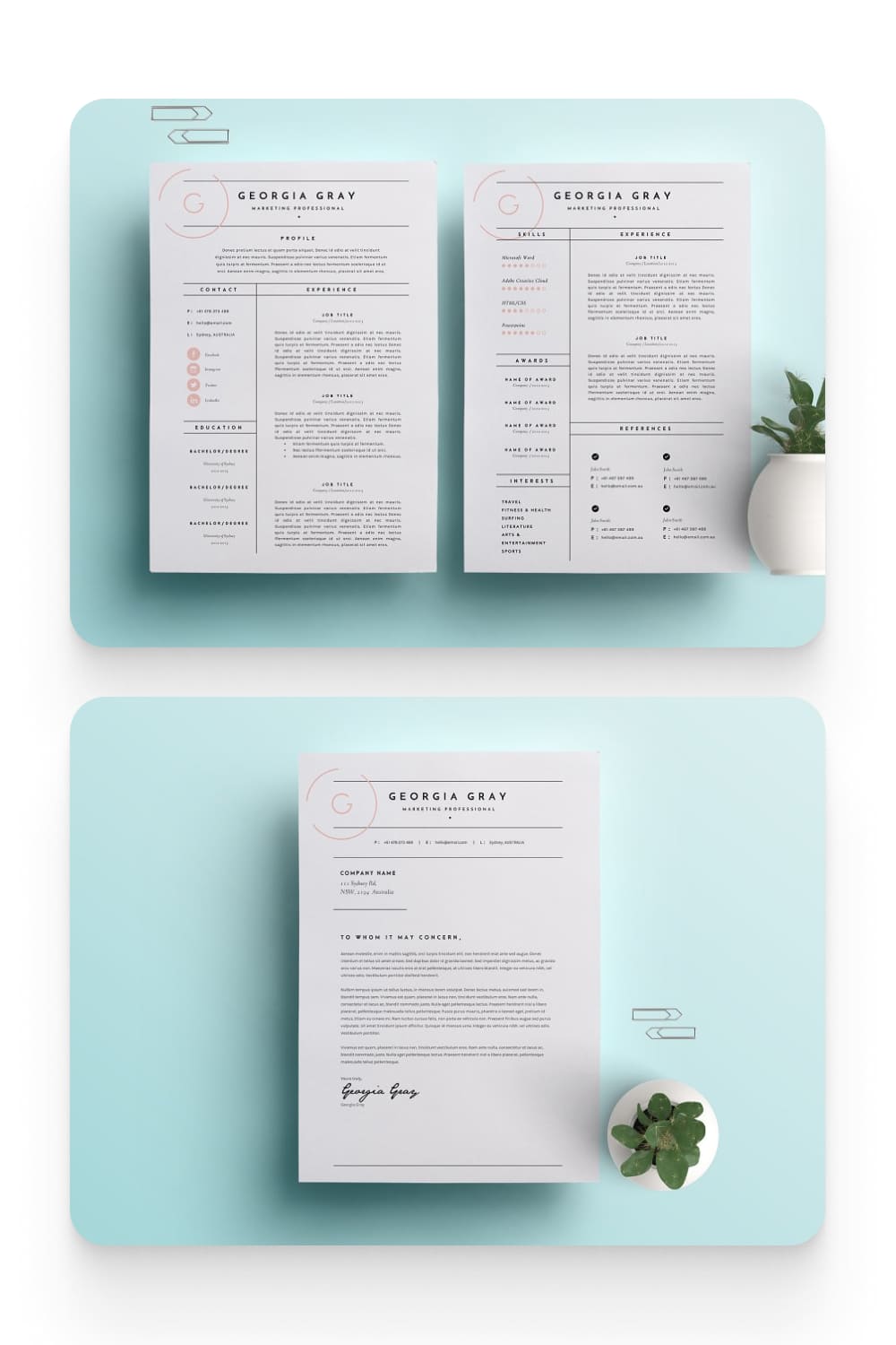 A collage of images from the Resume kit with portfolio, two-column experience and a cover letter.