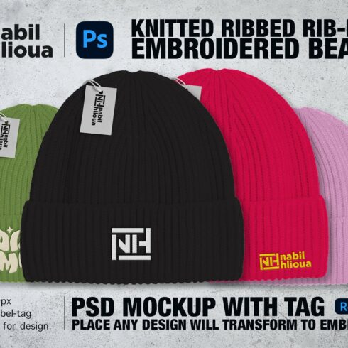 embroidery Ribknit beanie PSD mockup cover image.