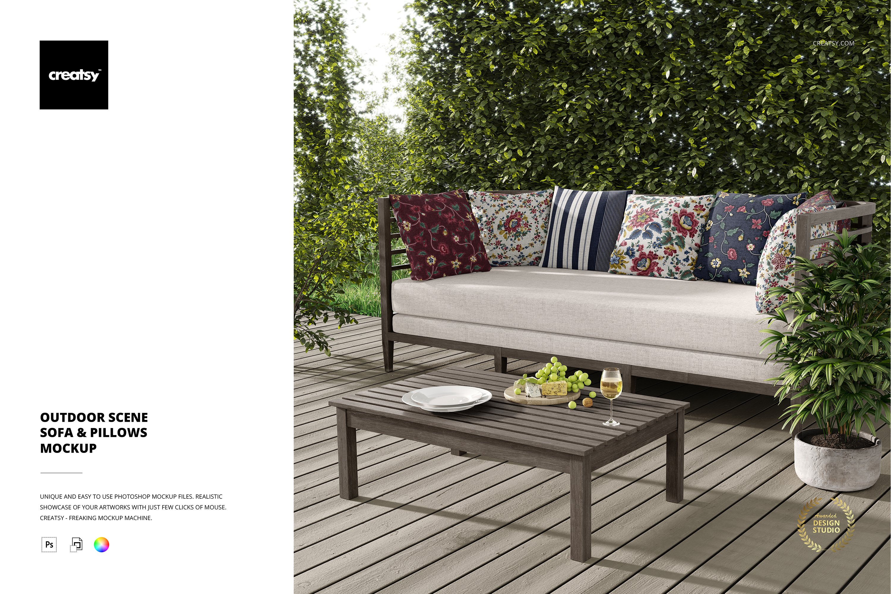 Outdoor Scene Sofa & Pillows Mockup cover image.