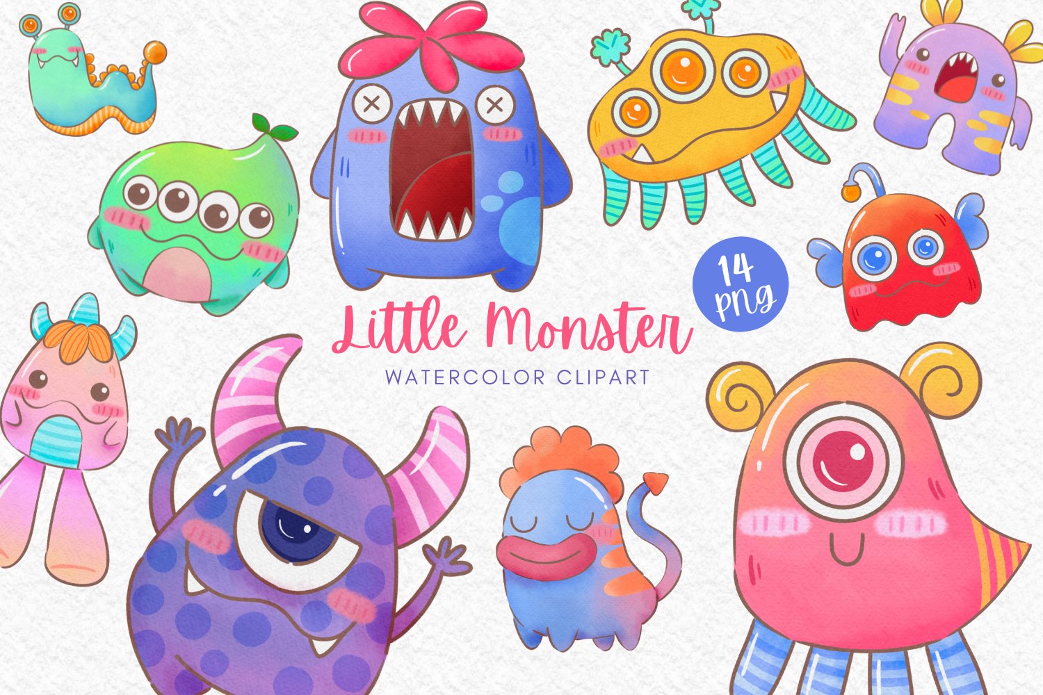 Little Monster watercolor clipart cover image.