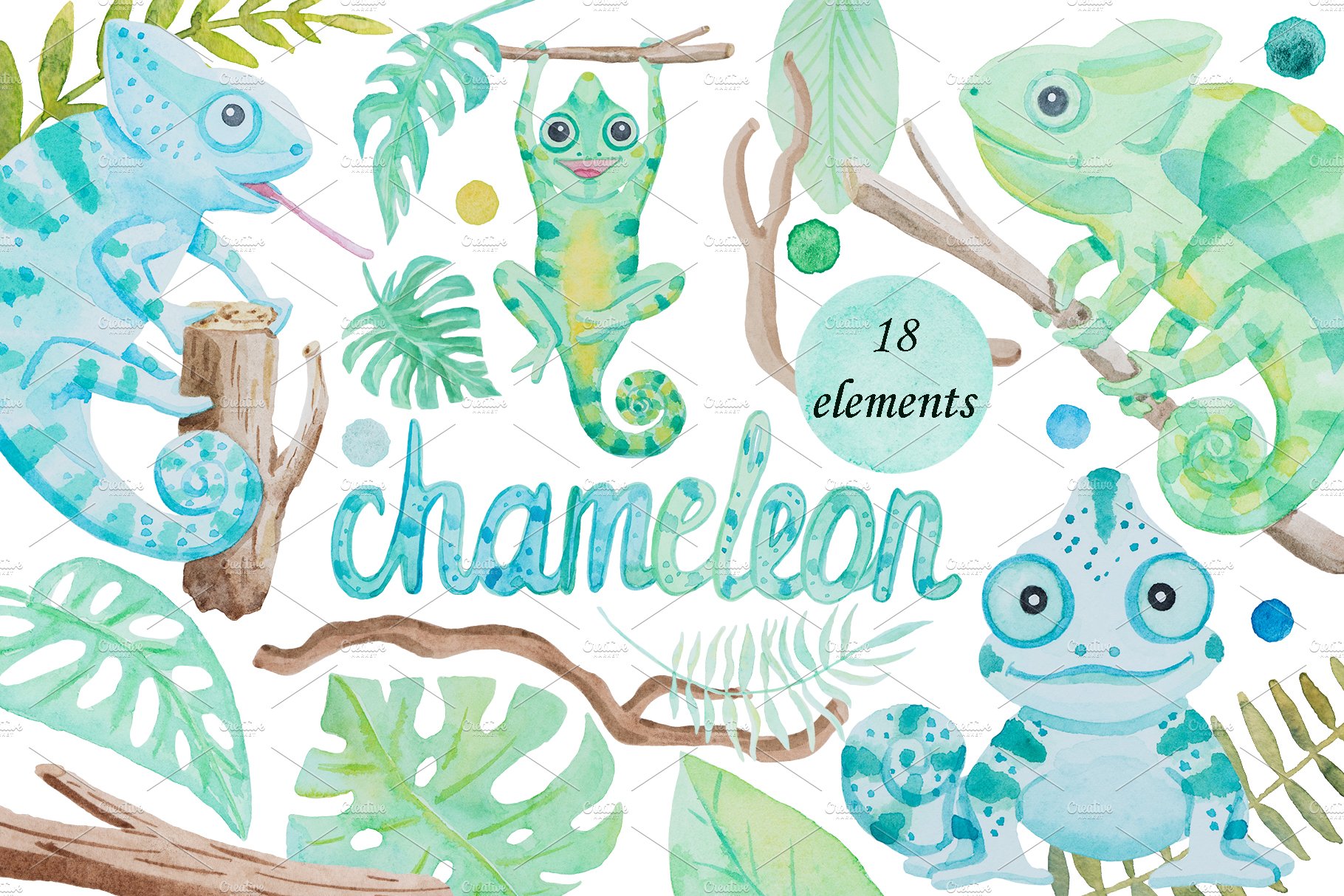 Chameleon and leaves watercolor set cover image.