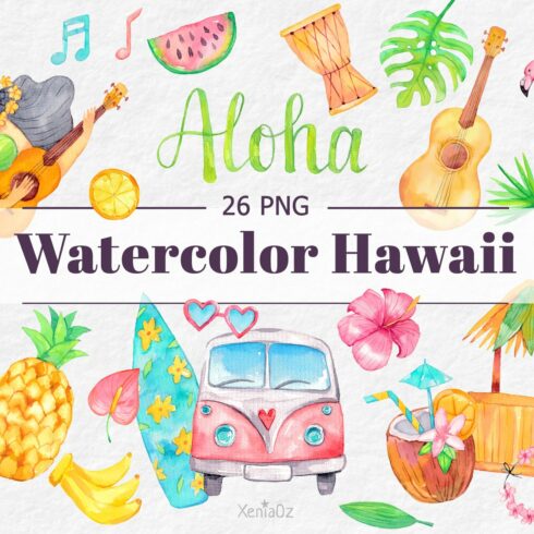 Watercolor Tropical Hawaii Clipart cover image.