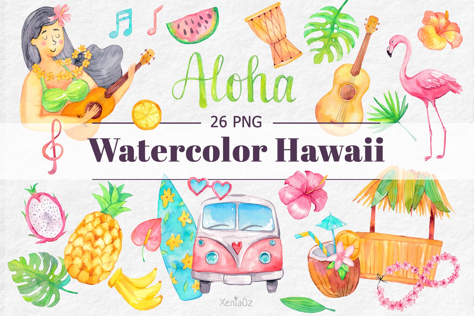 Watercolor Tropical Hawaii Clipart cover image.