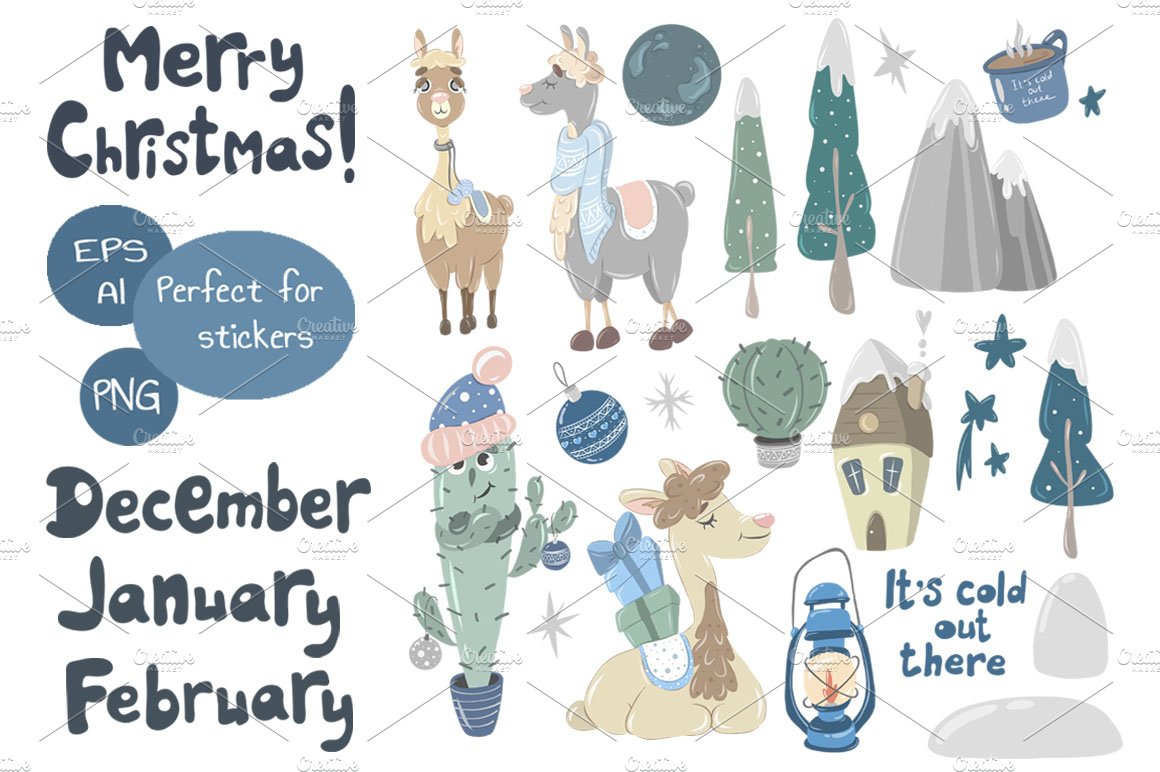 Merry Christmas Llamas vector kit preview image.