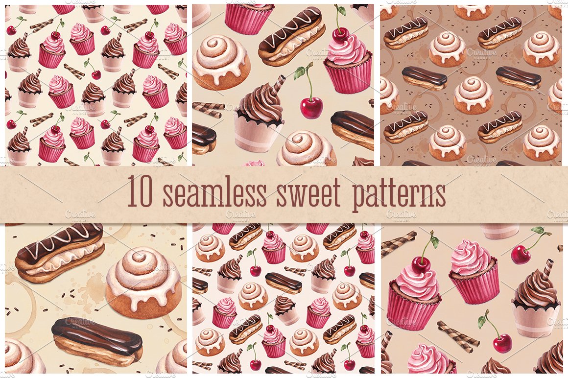 Dessert illustrations and patterns preview image.