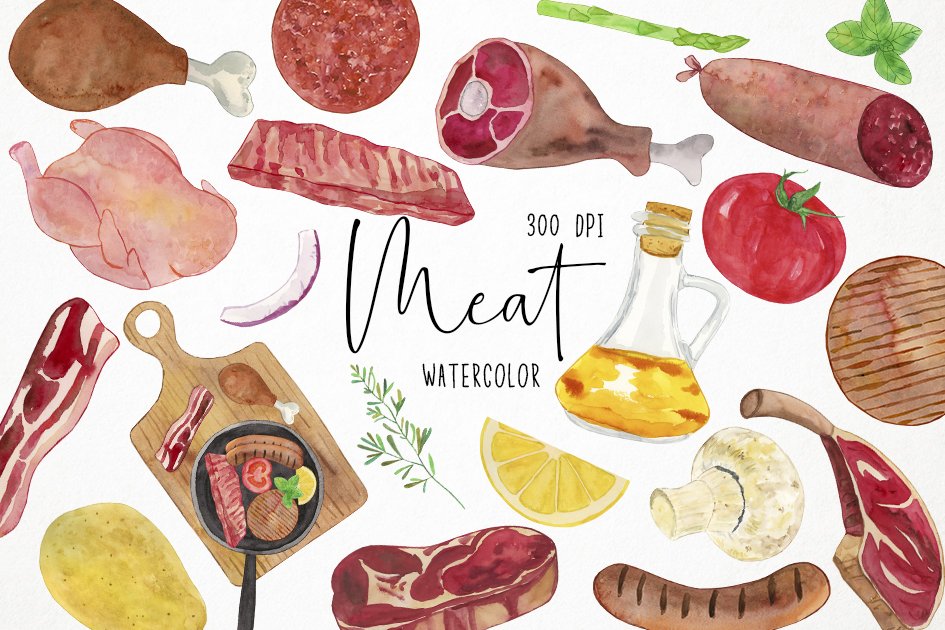 Watercolor Meat Clipart Meat Product cover image.