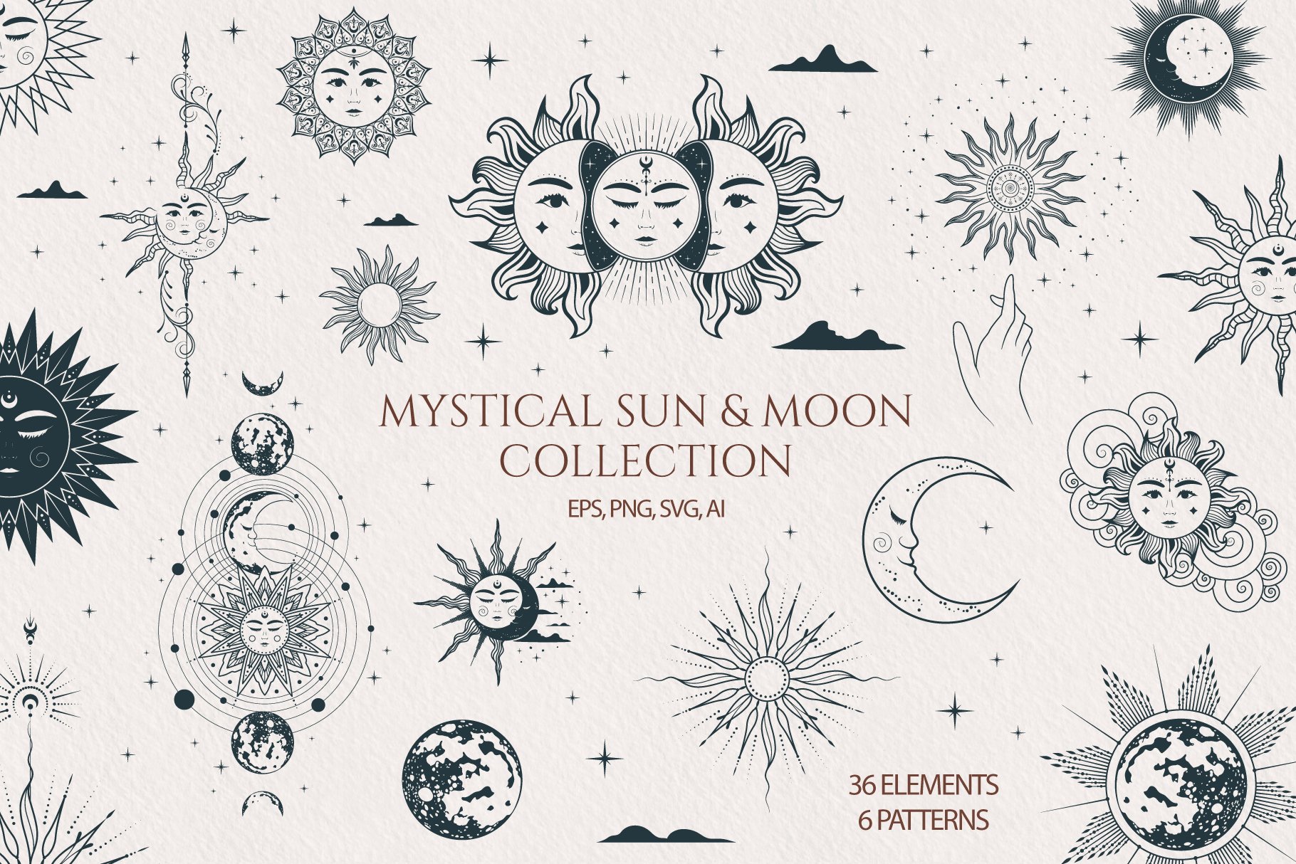 Hand drawn Mystical Sun & Moon Set cover image.