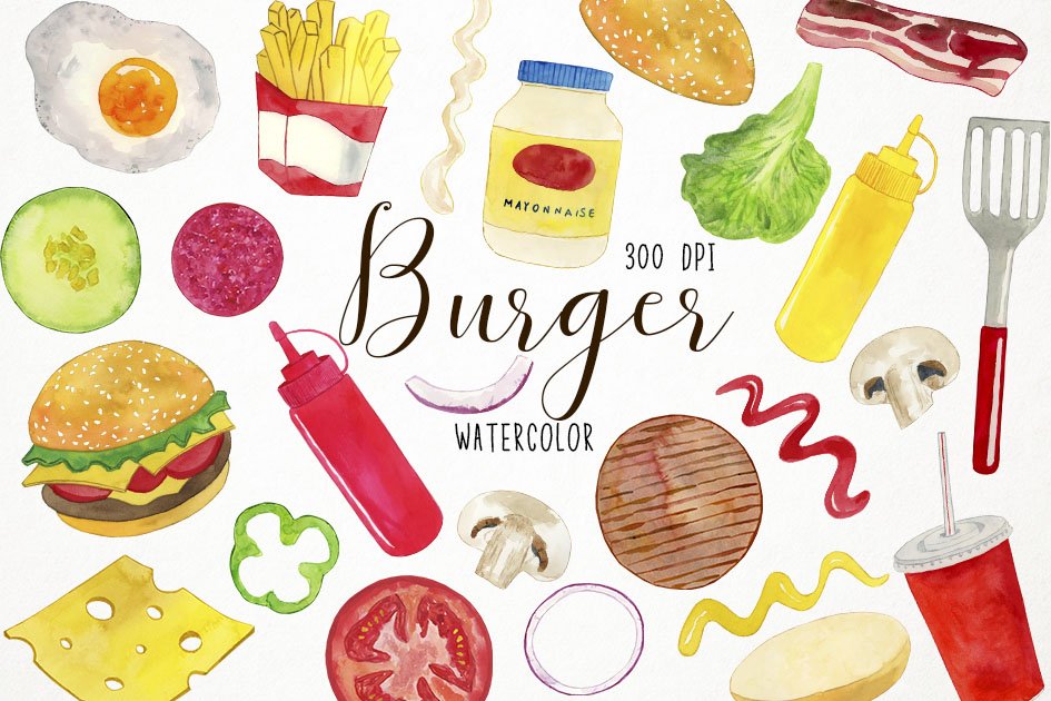 Watercolor Burger Clipart, Bbq cover image.