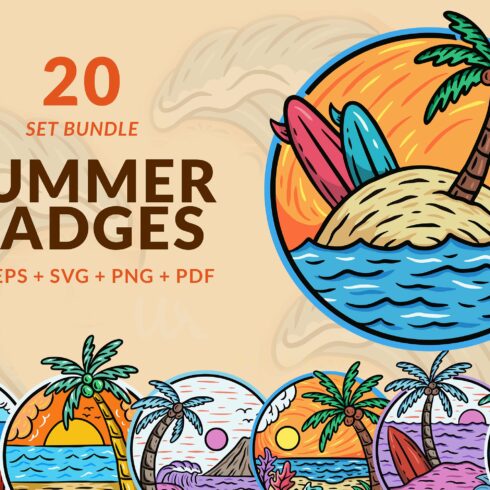 20 Set Summer Badges island Retro cover image.