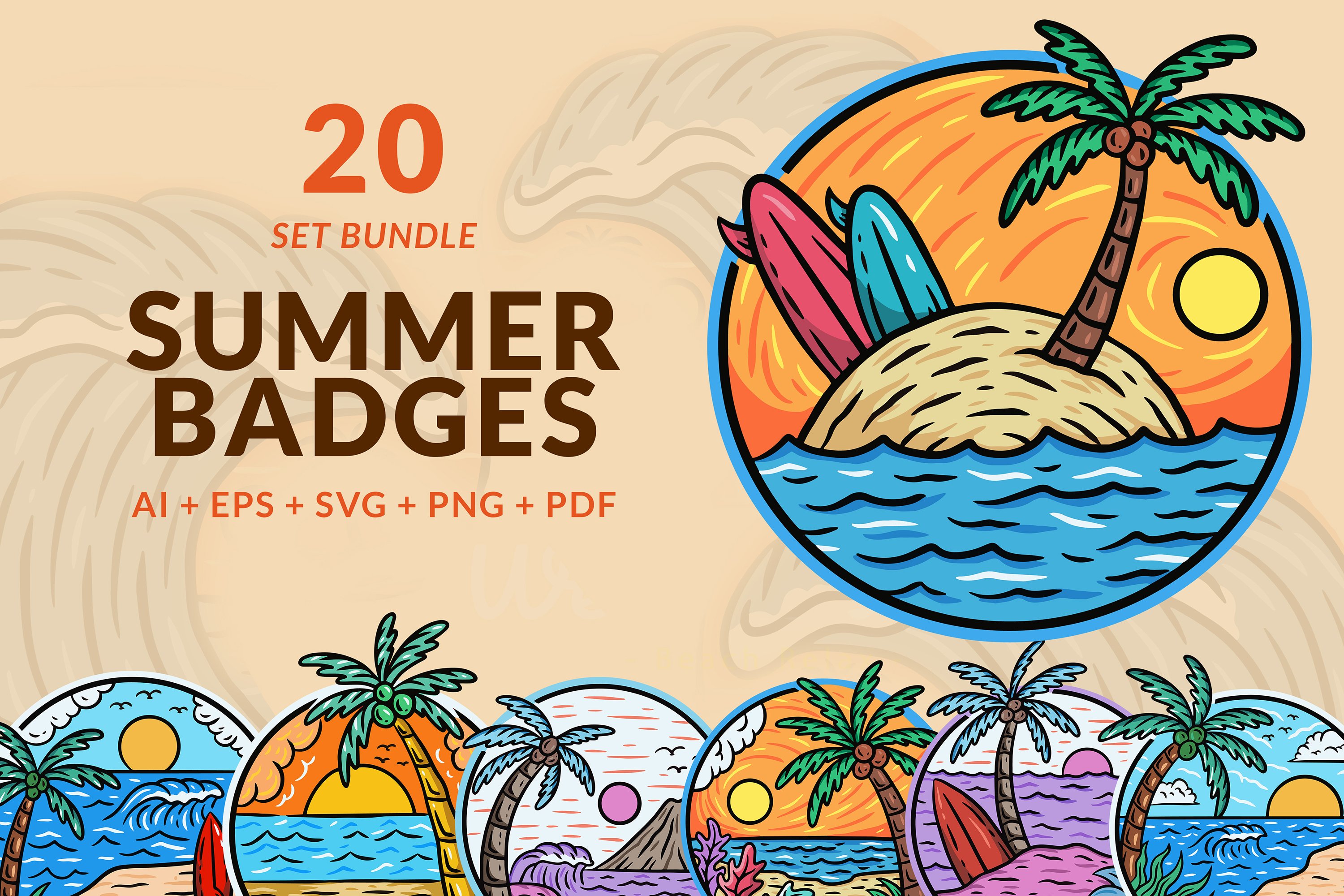 20 Set Summer Badges island Retro cover image.