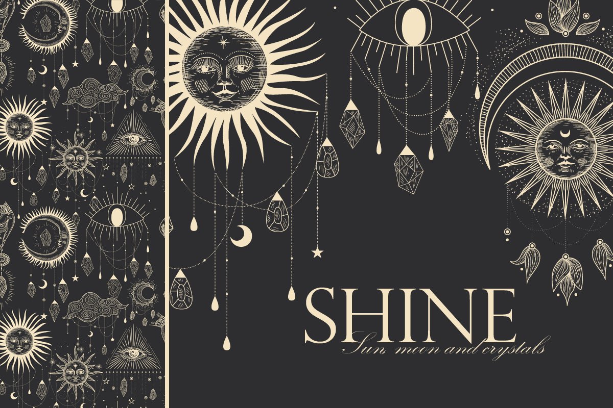Shine. Sun, moon, stars and crystals cover image.