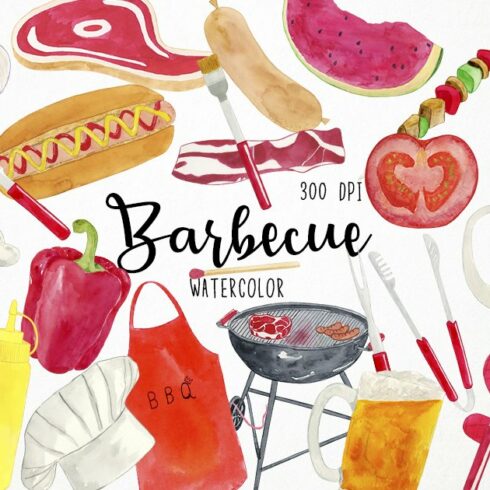 Watercolor BBQ Clipart cover image.