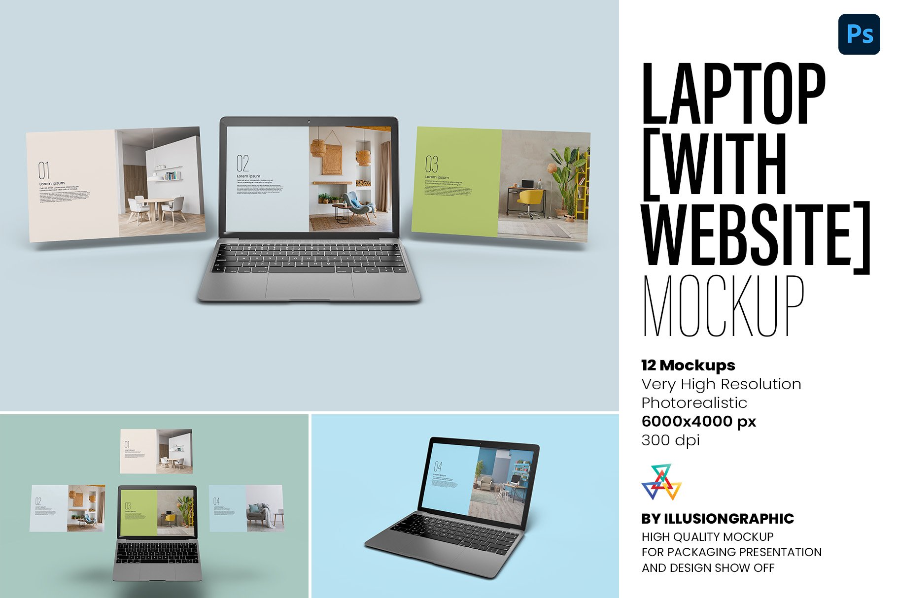 Laptop with Website Mockup 12 views cover image.