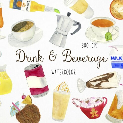 Watercolor Drinks & Beverage Clipart cover image.