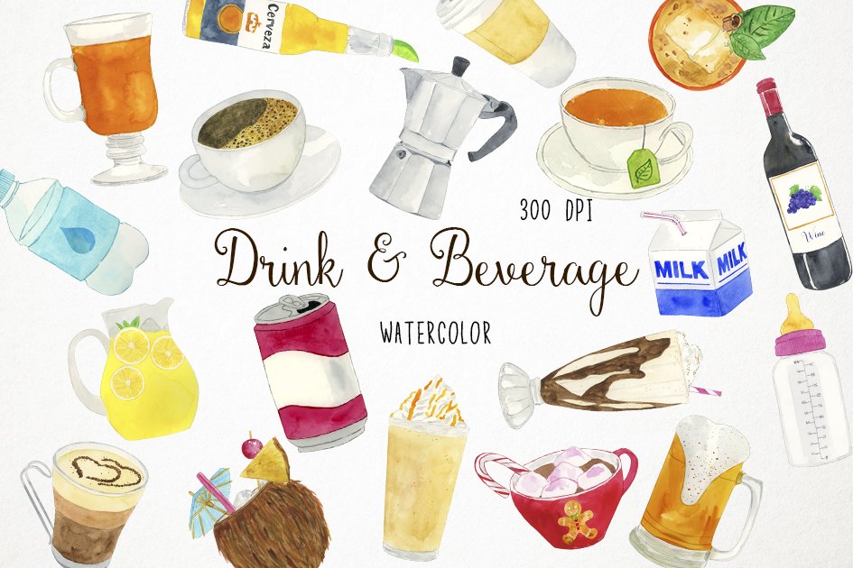 Watercolor Drinks & Beverage Clipart cover image.