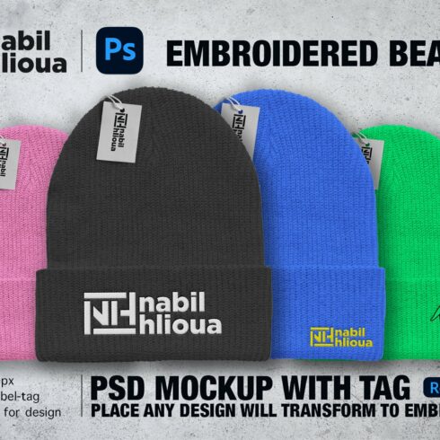 embroidered BEANIE HAT PSD Mockup cover image.