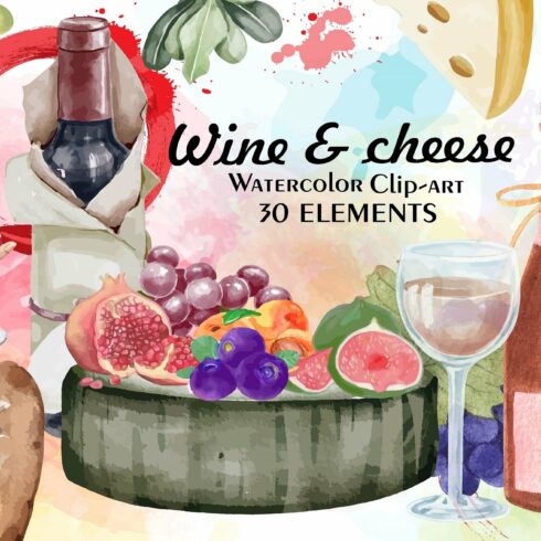 Watercolor Wine & cheese clipart cover image.