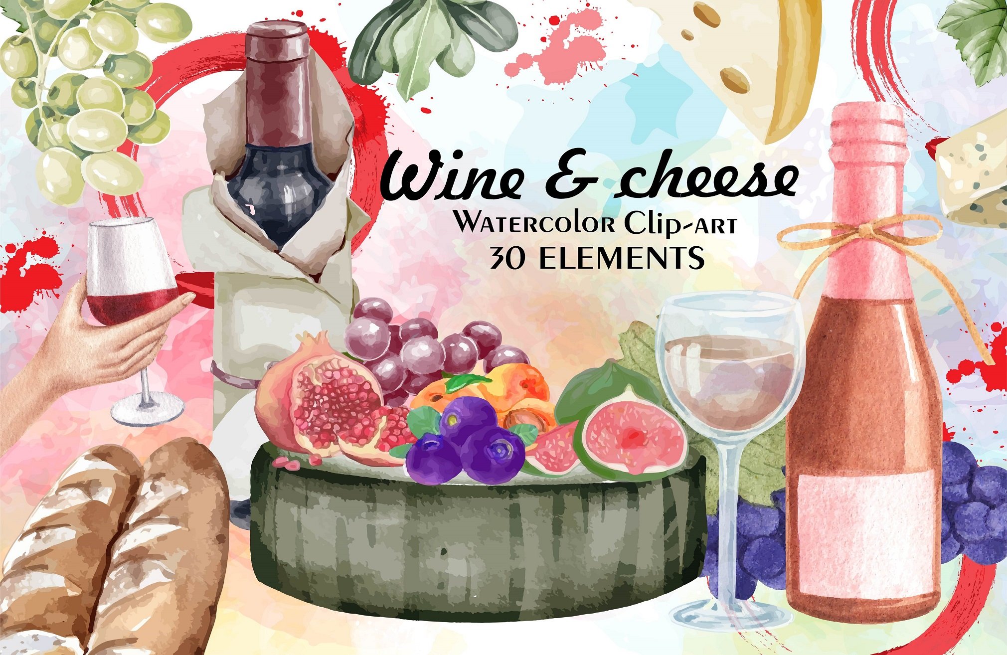 Watercolor Wine & cheese clipart cover image.