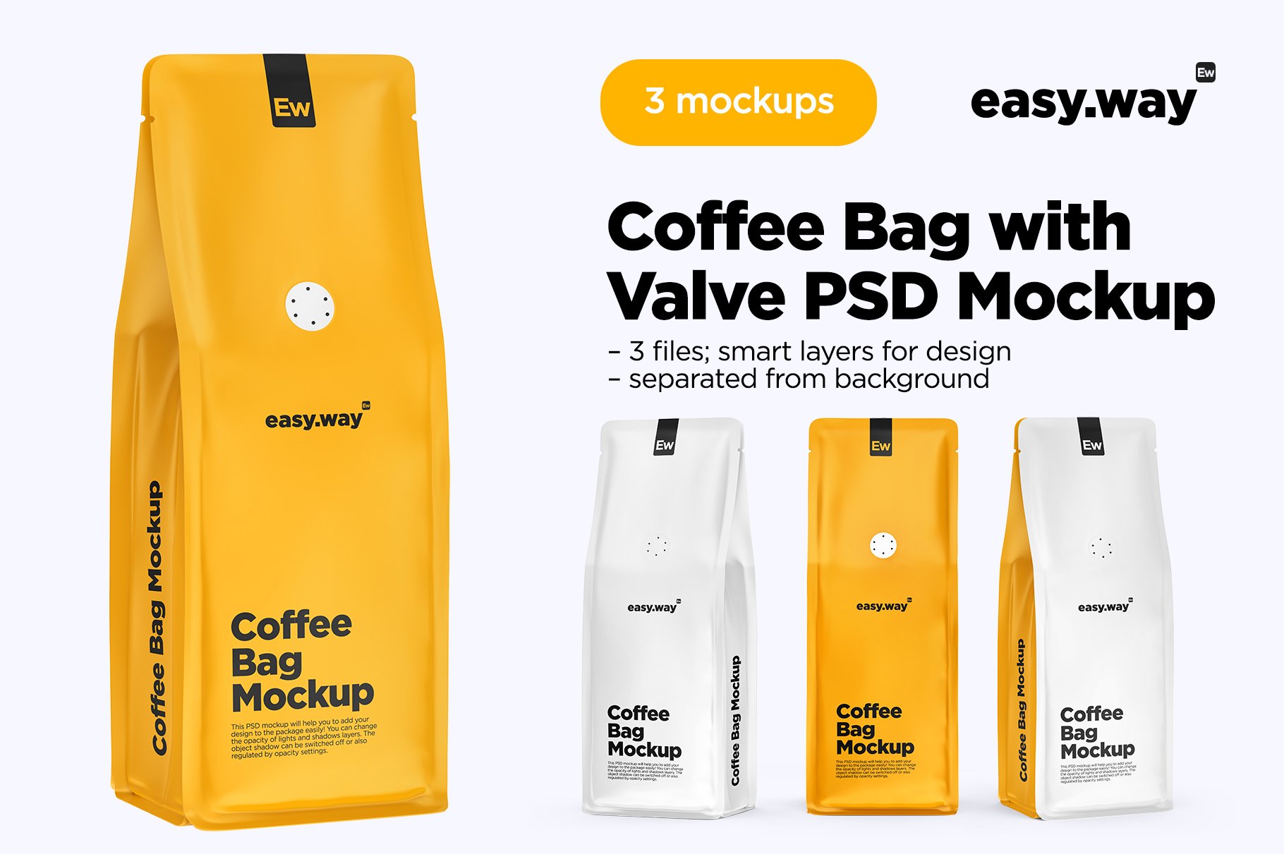 Coffee Bags with Valve PSD Mockups cover image.