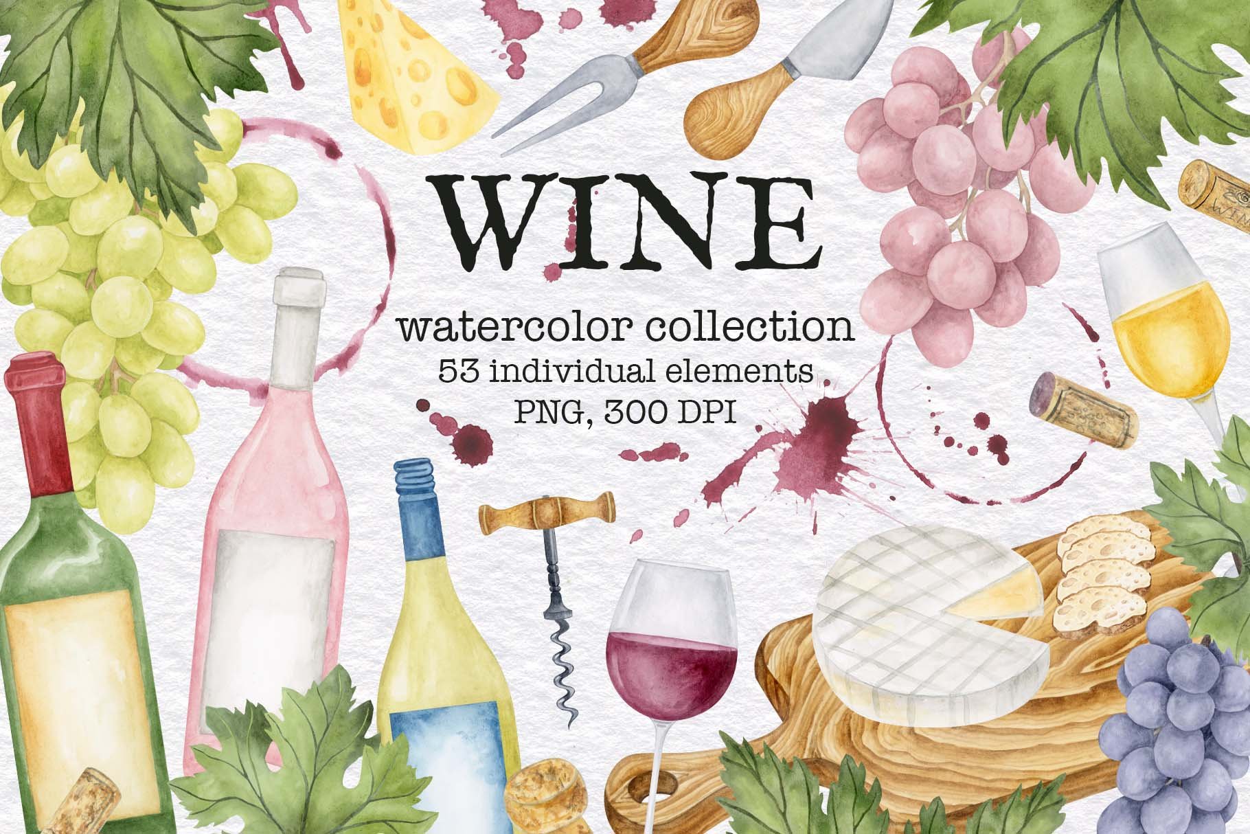 Watercolor Wine and Cheese set cover image.