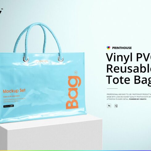 Vinyl PVC Reusable Tote Bag Mockups cover image.