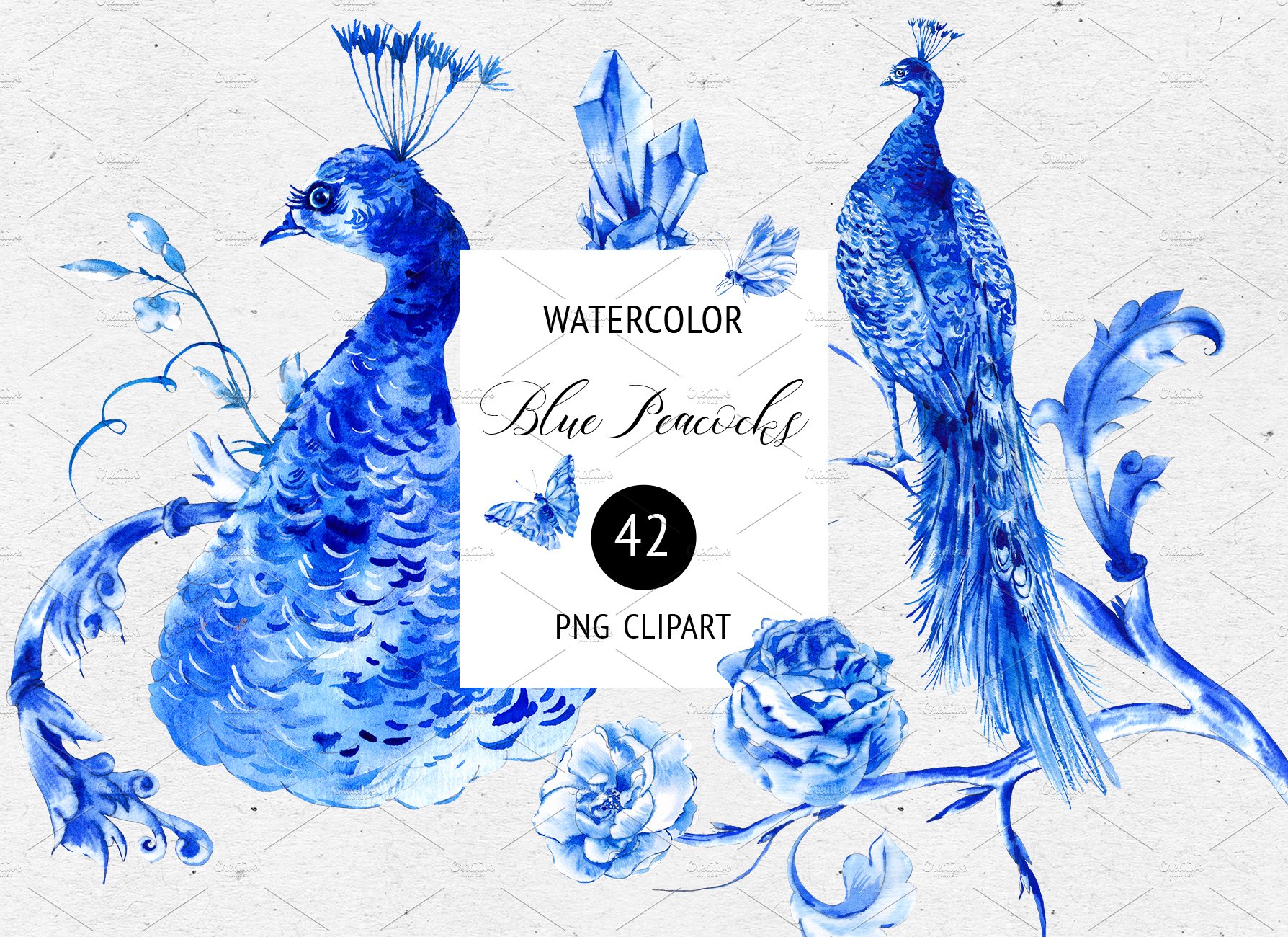 Blue watercolor flowers and peacock cover image.