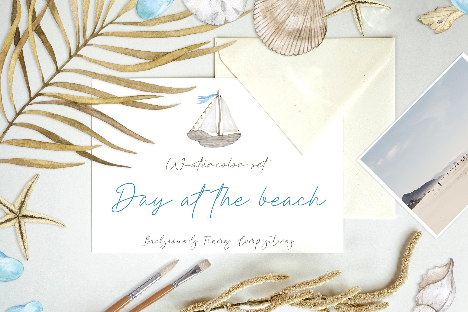 Day at the beach watercolor set cover image.