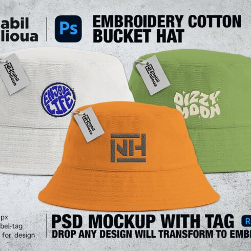embroidery bucket hat PSD Mockup cover image.