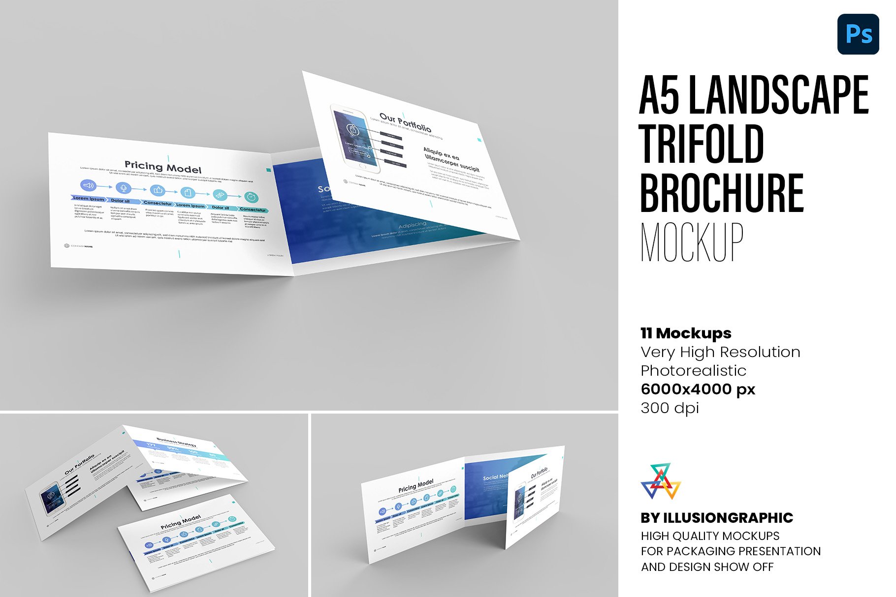 A5 Landscape Trifold Brochure Mockup cover image.