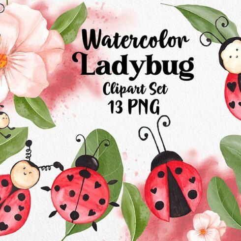 Watercolor Ladybug clipart set cover image.