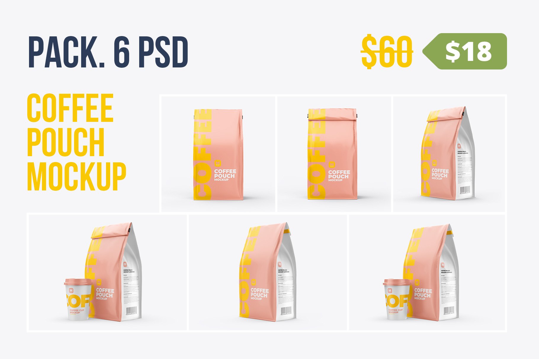 Coffee pouch mockup. Pack 6 PSD cover image.