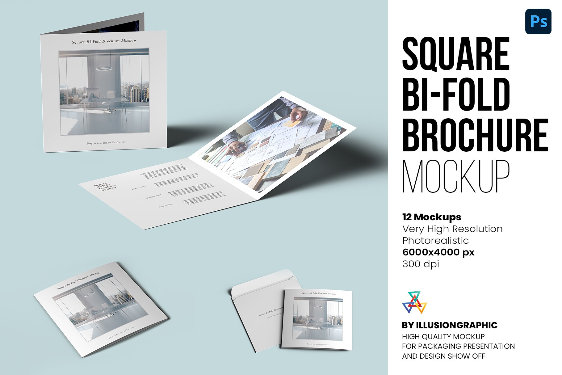 Square Bi-Fold Brochure Mockups cover image.