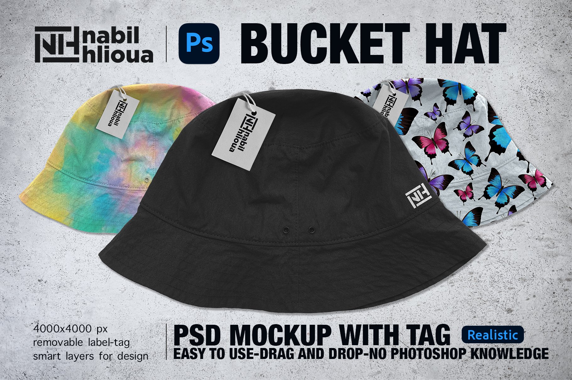 REALISTIC BUCKET HAT PSD Mockup cover image.