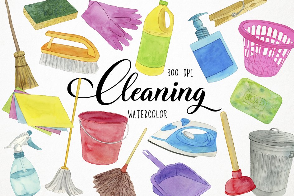 Watercolor Cleaning Clipart, Home cover image.