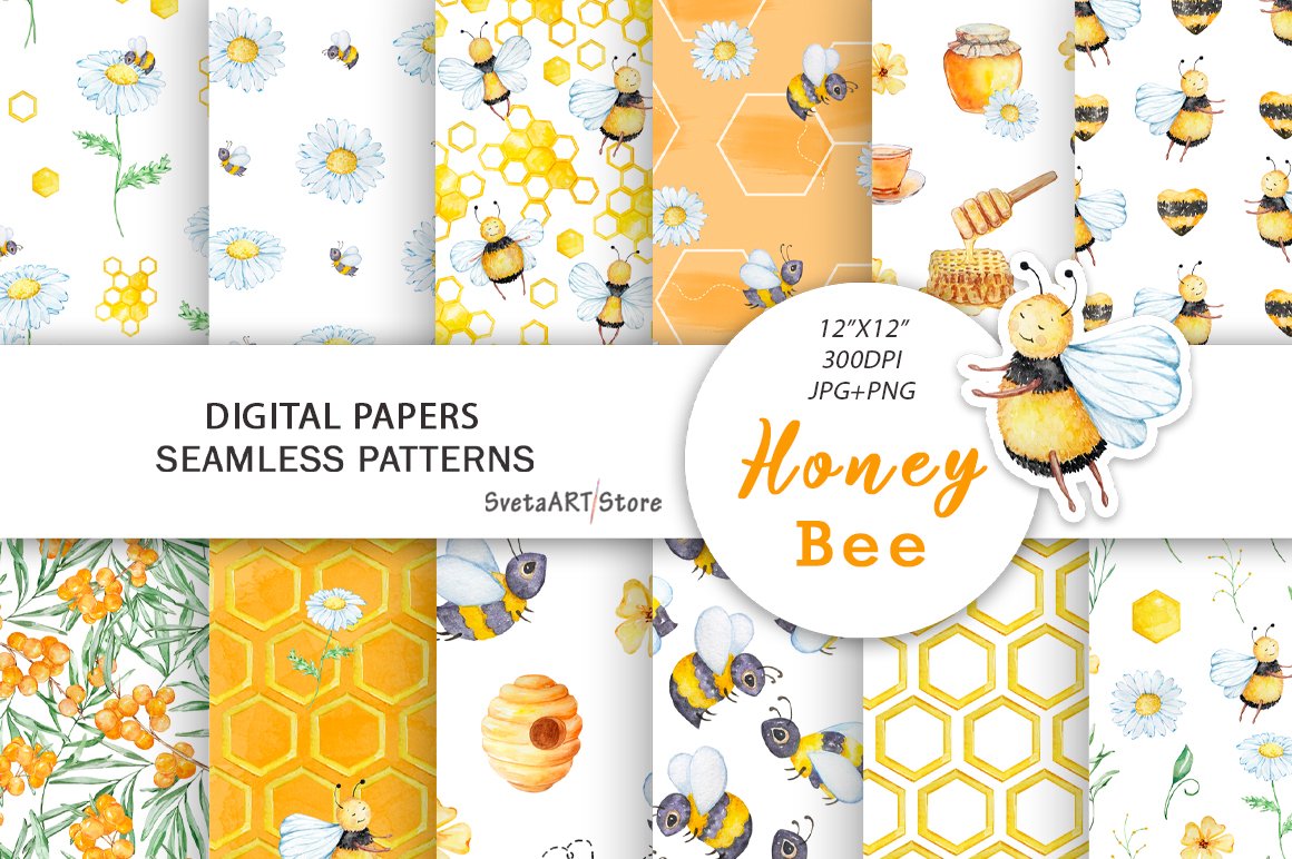 Watercolor Honey Bee Pattern cover image.