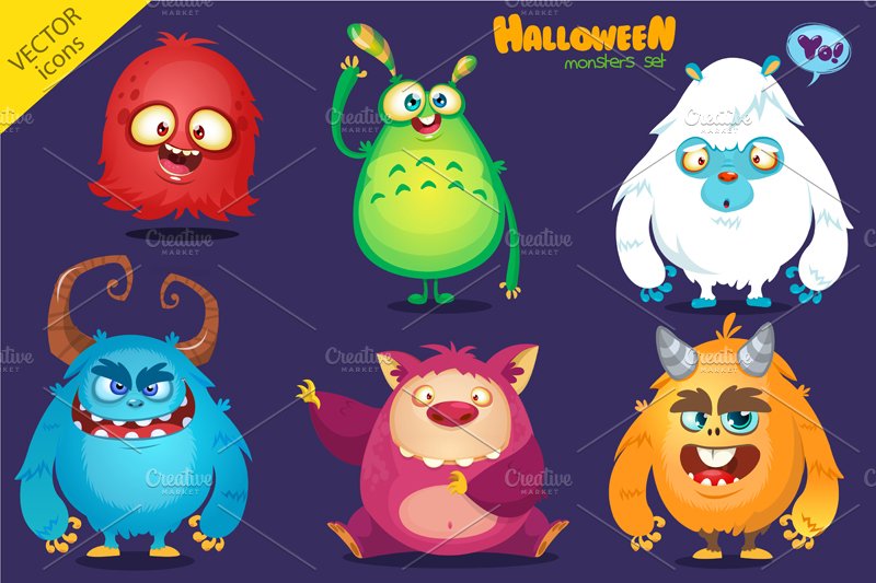 Cartoon monsters set for Halloween cover image.