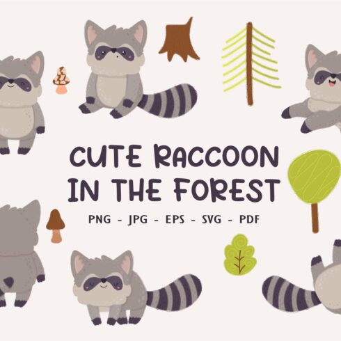 Cute cartoon raccoons set. cover image.