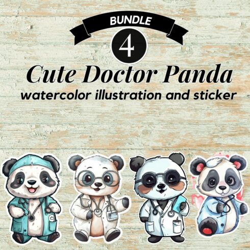 Cute Doctor Panda watercolor illustration and sticker cover image.