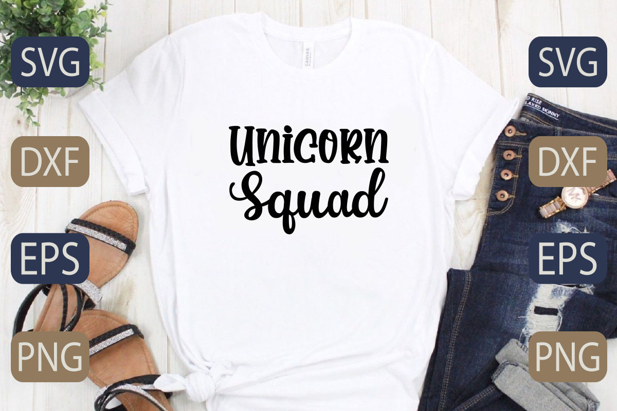 T - shirt with the words unicorn squad on it.