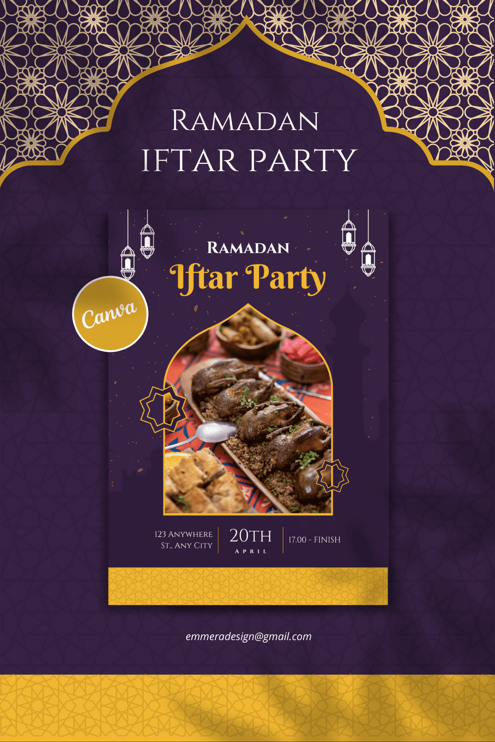 [Design 1] Purple Gold Elegant Ramadan Iftar Party Flyer Canva Template pinterest preview image.