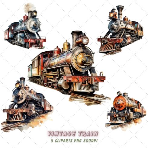Vintage Train Watercolor Clipart Bundle, Train tracks, Railroad station, Transparent PNG cover image.