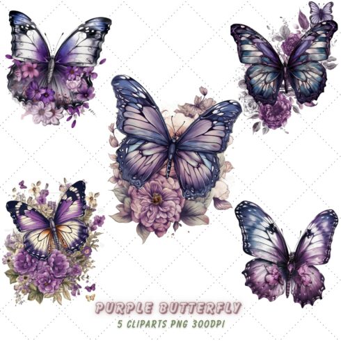 Purple Butterfly Sublimation Clipart Bundle cover image.